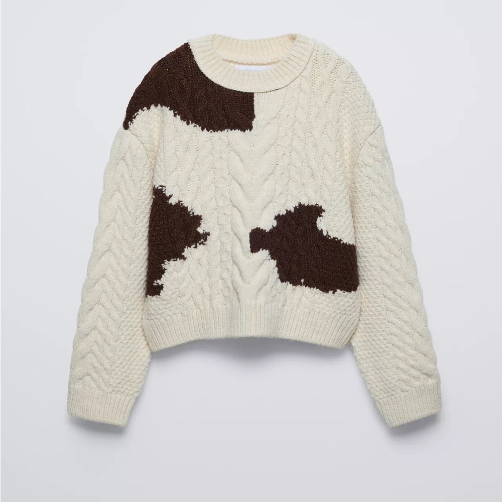Zara Cream and Brown Cable Knit Sweater